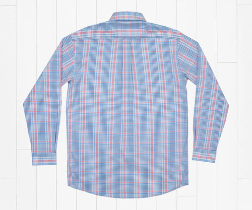 Shores Windowpane Performance Dress Shirt BLUE AND CORAL