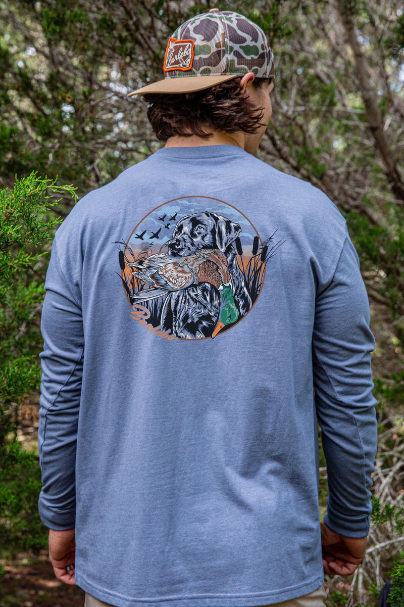 Dog Duck Hunt - LS Heather Blue Jean