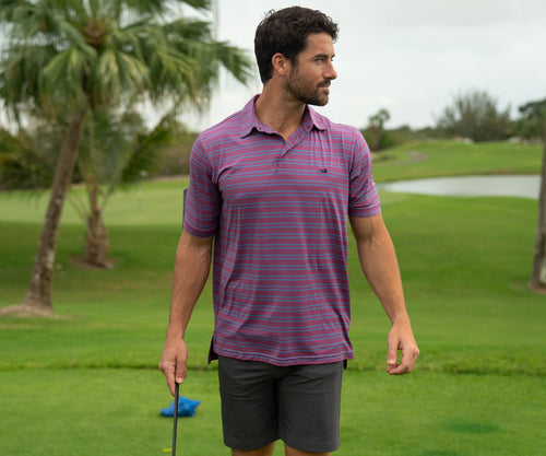 Bermuda Performance Polo - Naples Stripe BLUE & STRAWBERRY FIZZ