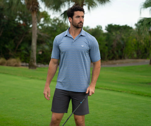 Bermuda Performance Polo - Naples Stripe SLATE & LIGHT BLUE