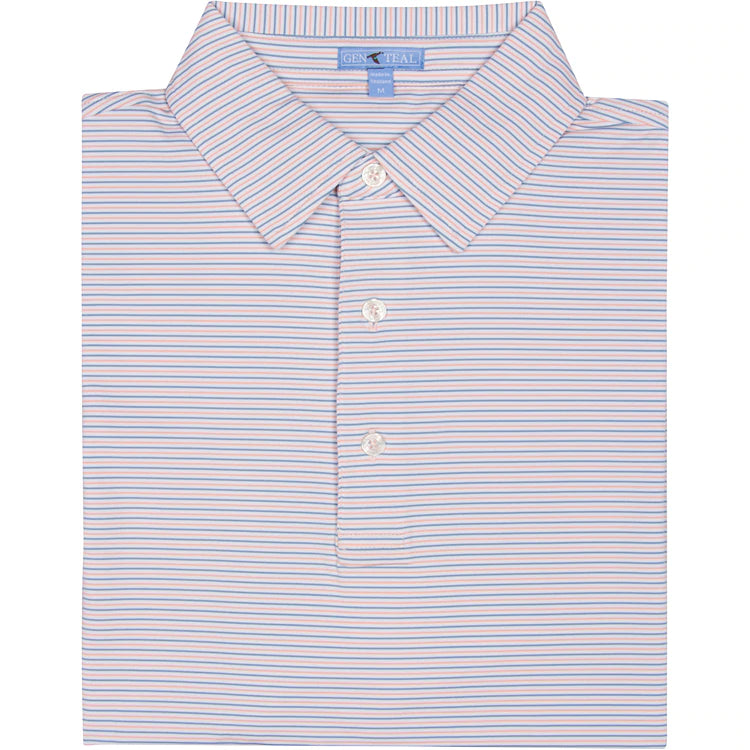 SALMON TRELLIS STRIPE PERFORMANCE POLO