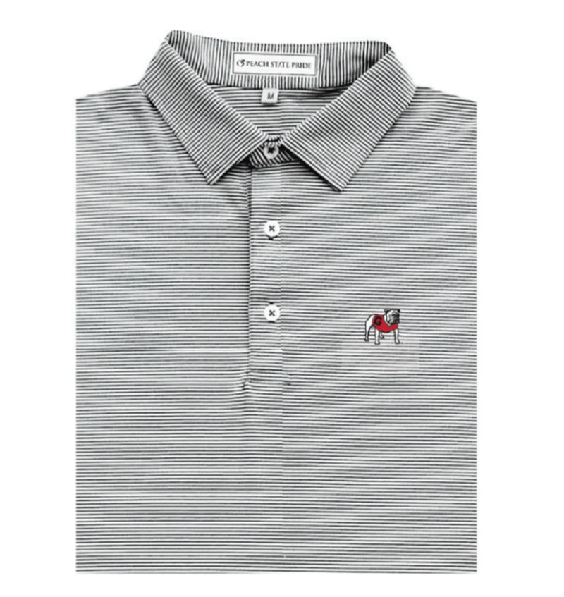 UGA STANDING DAWG CHARCOAL AND WHITE LOBLOLLY STRIPE POLO